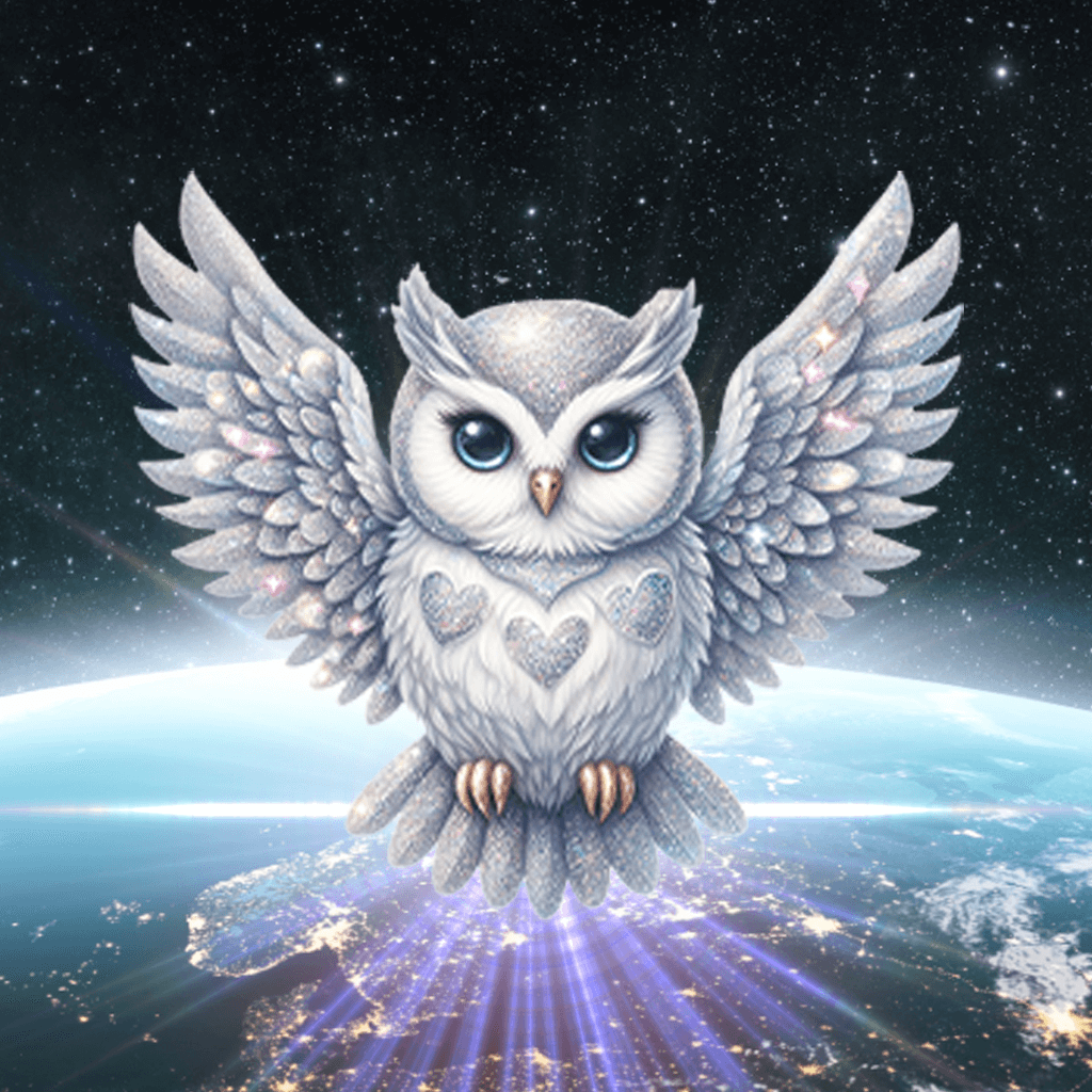 A mystical white owl with heart patterns, soaring over Earth with a starry galaxy background.