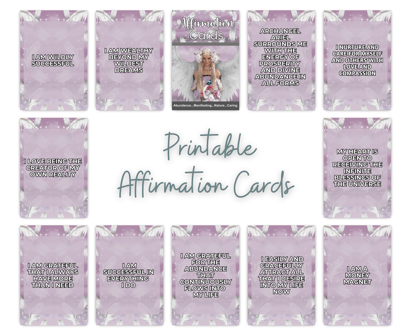 Archangel Ariel Printable Charm Cards - Unlock the power of abundance and manifest your desires with Archangel Ariel Affirmation Cards! Each card in this beautifully crafted collection is a divine reminder of the natural flow of prosperity, healing, and l