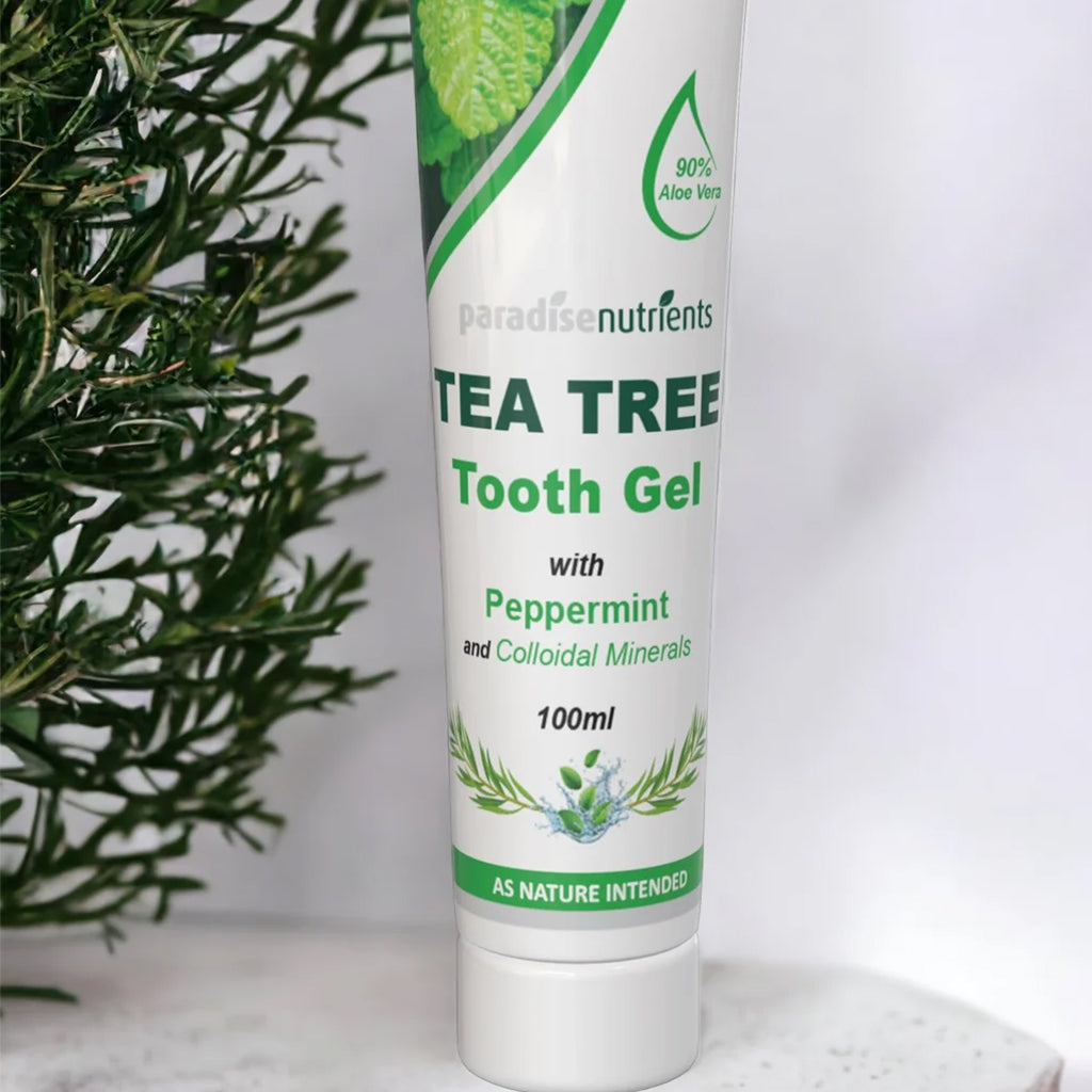 Tea Tree Tooth Gel - Paradise Nutrients - More Than Charms - Tooth Gel is a natural soothing peppermint and Tea Tree flavoured gel.This lightly abrasive, low foam action gel protects and strengthens damaged gums and teeth, prevents plaque build-up, reduci