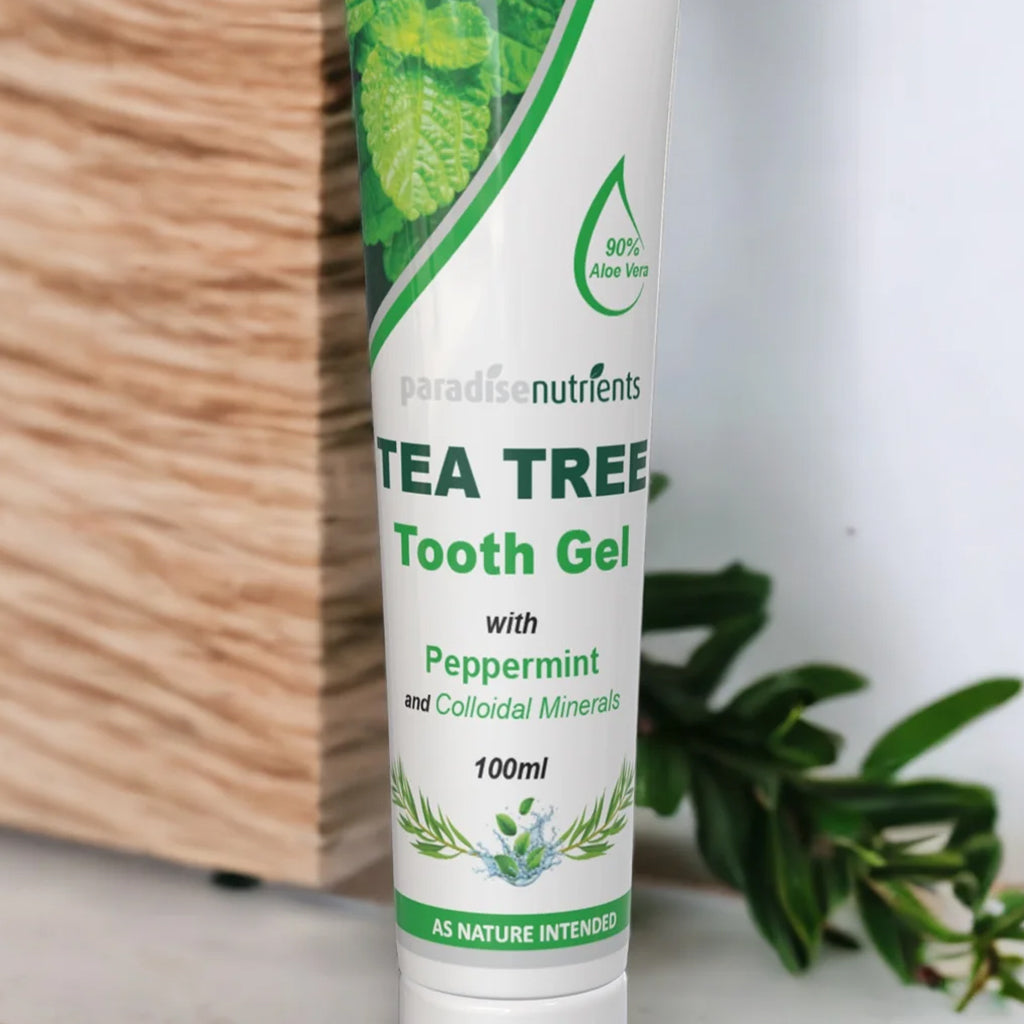 Tea Tree Tooth Gel - Paradise Nutrients - More Than Charms - Tooth Gel is a natural soothing peppermint and Tea Tree flavoured gel.This lightly abrasive, low foam action gel protects and strengthens damaged gums and teeth, prevents plaque build-up, reduci
