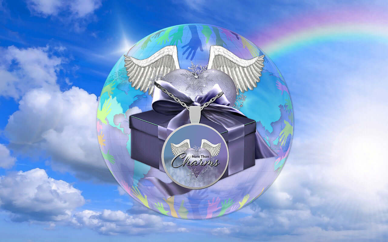 Heart with wings above a gift box enclosed in a colorful bubble and rainbow, set against a cloudy sky background.