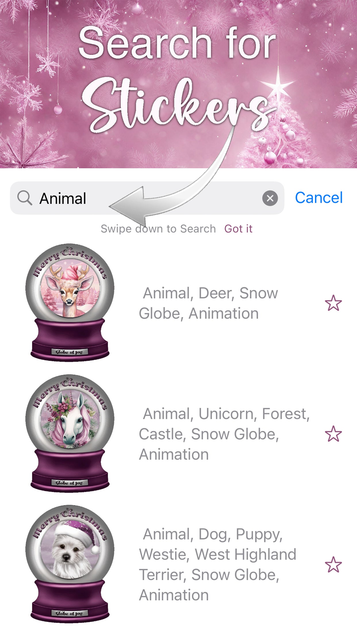 Pink Globe of Joy- Send iMessage Christmas Wishes - Download For FREE, featuring animal-themed pink snow globes for stickers
