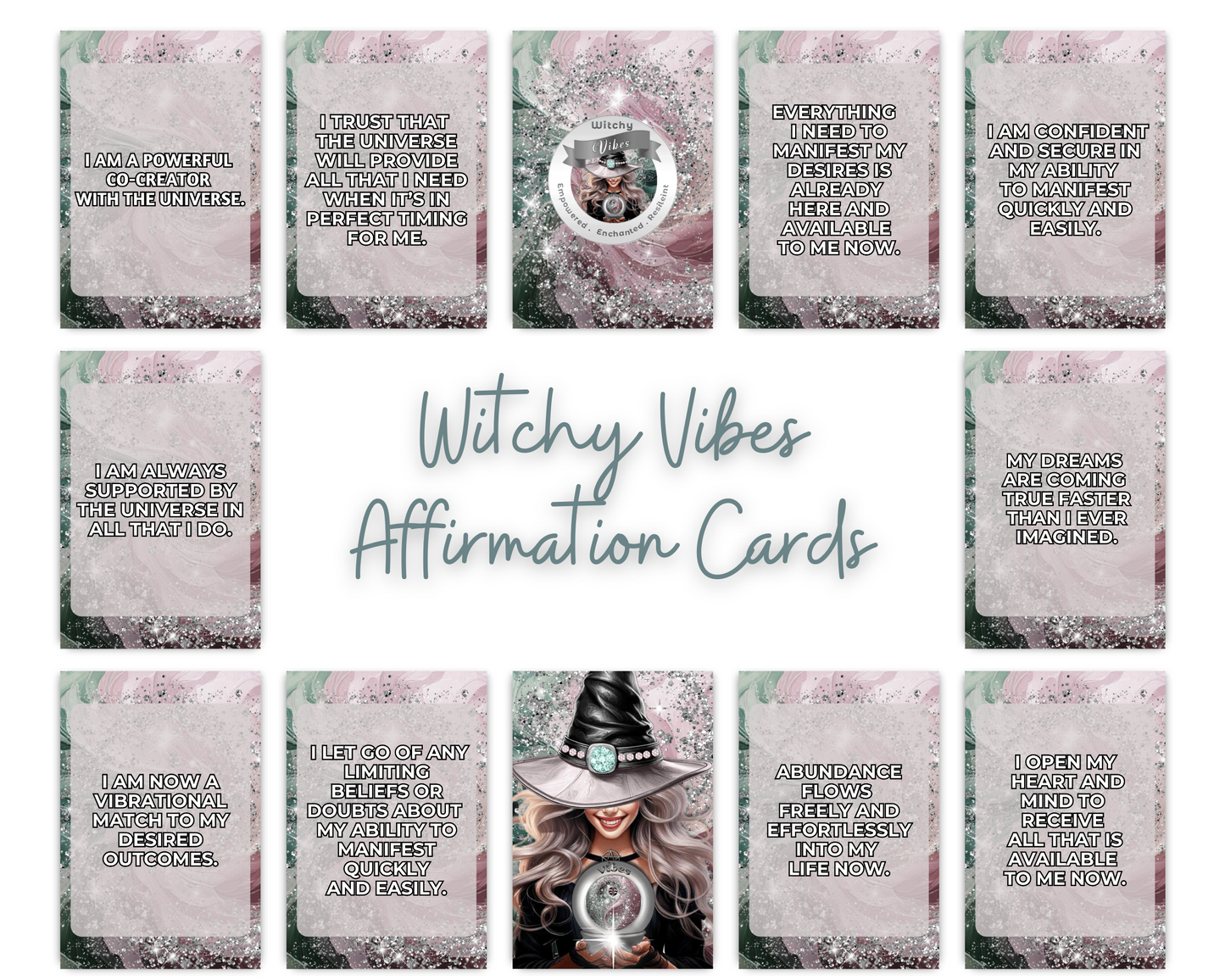 Witchy Vibes Printable Charm Cards - Unleash the magic of the Universe with Witchy Vibes Affirmation Cards! Each card is crafted to infuse your practice with enchanting energies and powerful affirmations. Perfect for invoking strength, transformation, and
