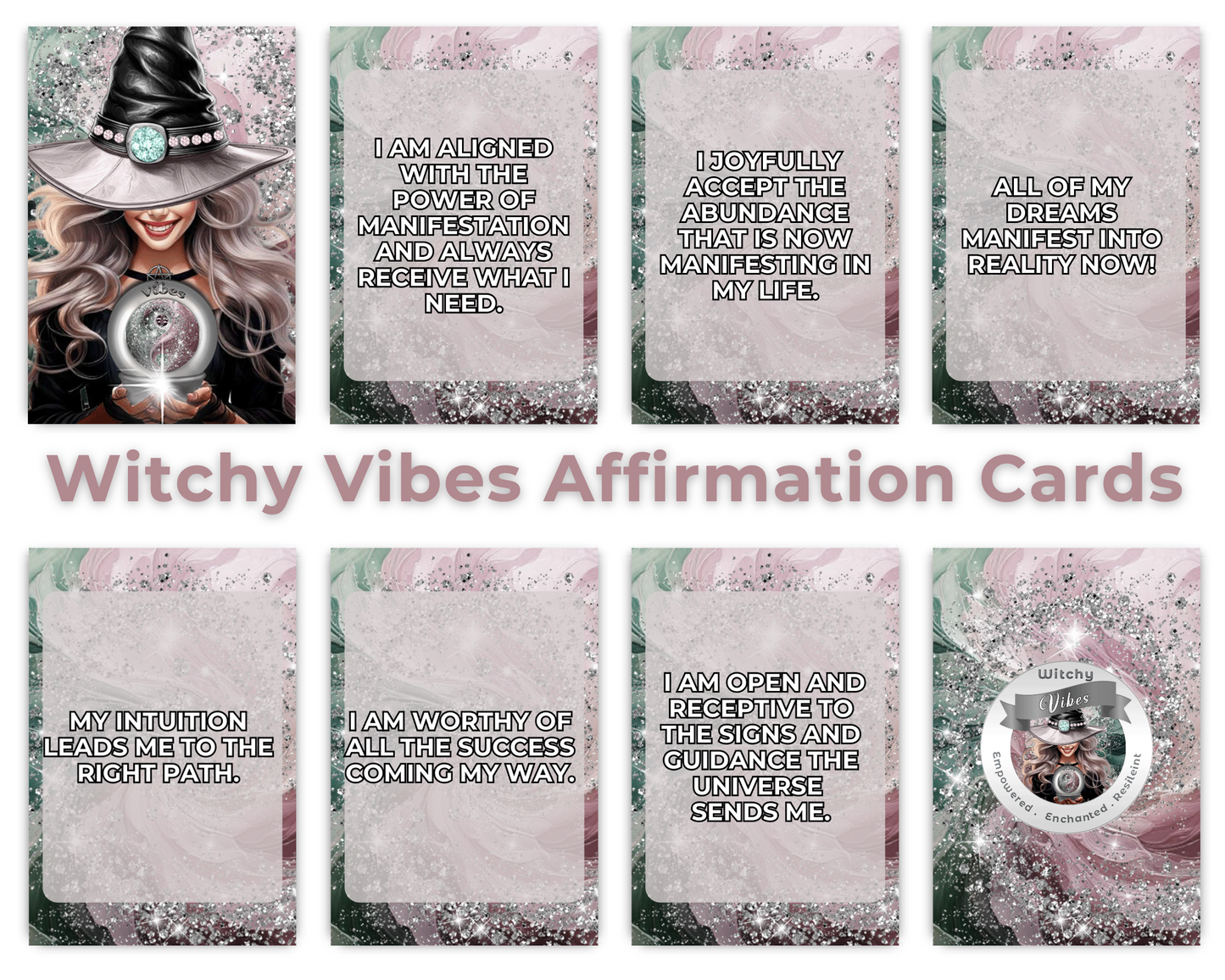 Witchy Vibes Printable Charm Cards - Unleash the magic of the Universe with Witchy Vibes Affirmation Cards! Each card is crafted to infuse your practice with enchanting energies and powerful affirmations. Perfect for invoking strength, transformation, and