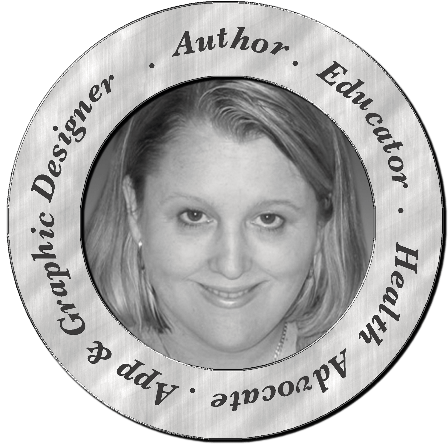 Profile image in circular frame displaying roles: Graphic Designer, Author, Educator, Health Advocate, App &