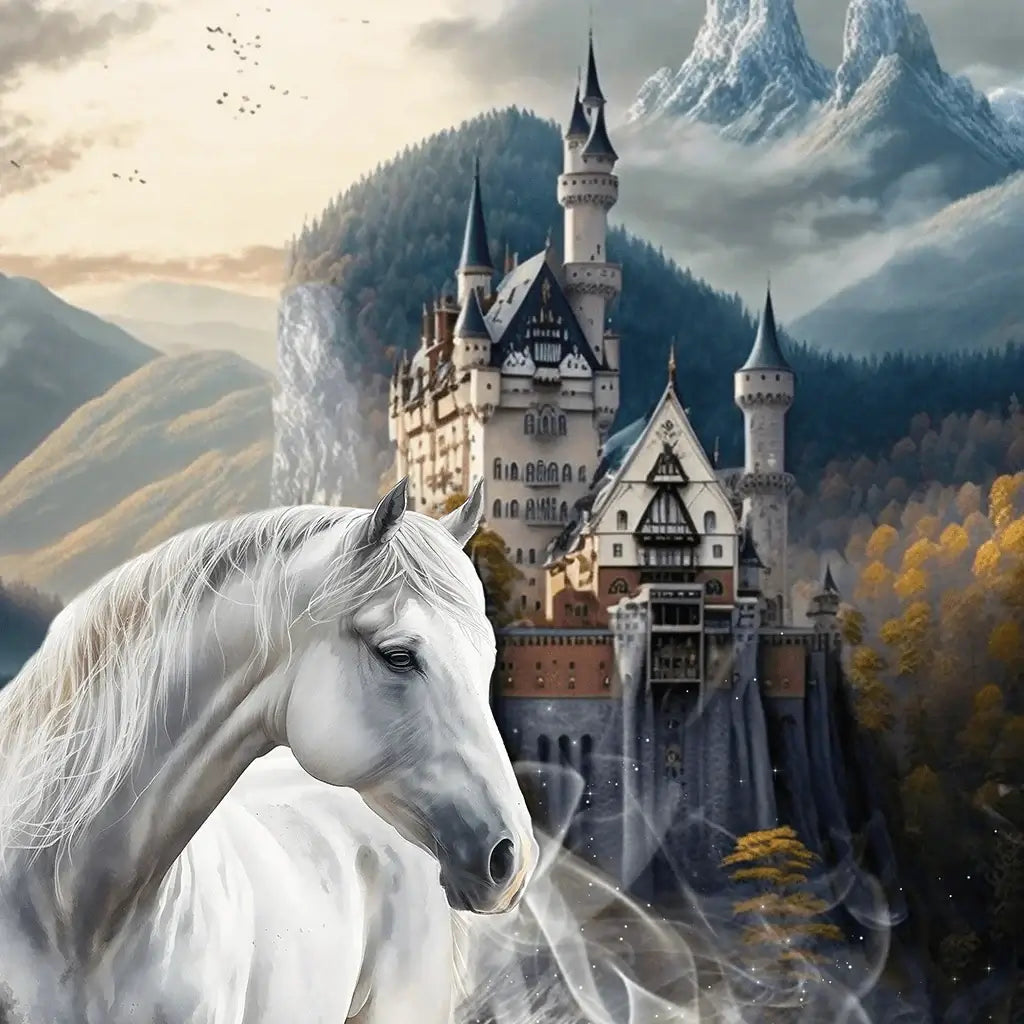 White horse in front of a majestic fairytale castle with mountainous backdrop and colorful autumn trees.