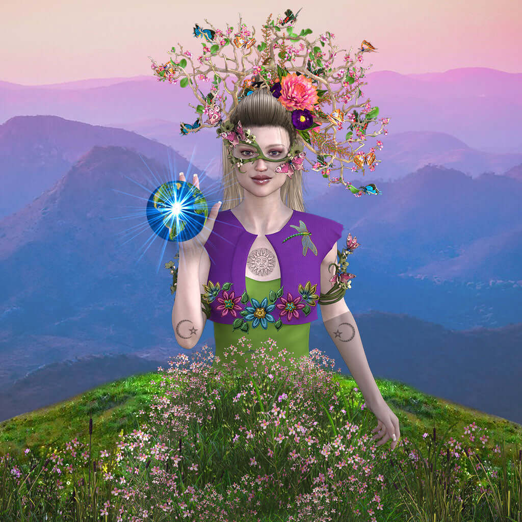 Fantasy figure with floral headpiece and mystical orb in colorful mountainscape at sunset.