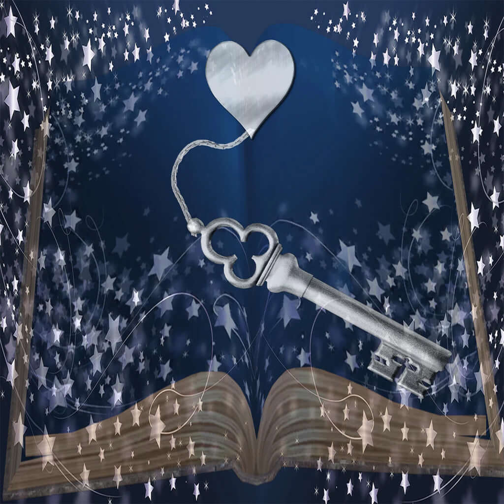 Silver heart-shaped key unlocking secrets in an open book with twinkling stars, symbolizing mystery and knowledge.