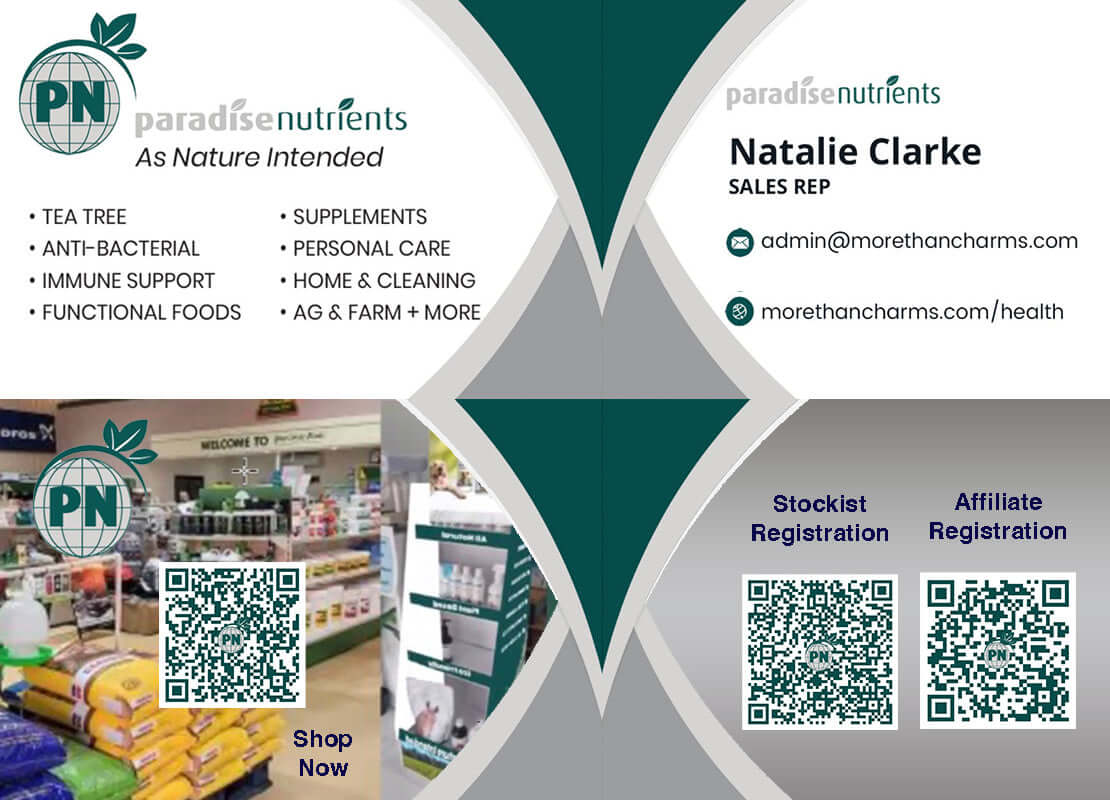 Paradise Nutrients brochure featuring product categories, QR codes for registration, and contact details for sales rep Natalie Clarke.
