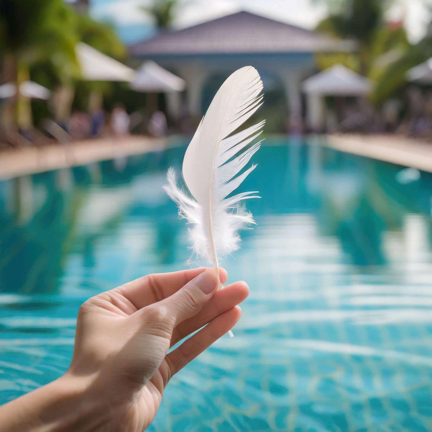 Hand holding white feather near serene poolside reflecting tropical resort landscape.