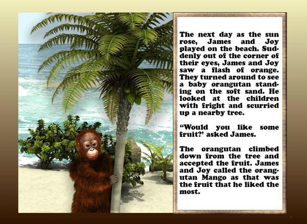 Where's The Orangutan - eBook - What was that? James and Joy see a flash of orange on the beach where they were playing.The children meet a little orangutan that is far from his Jungle home.Will the children be able to help their new friend Mango the Oran