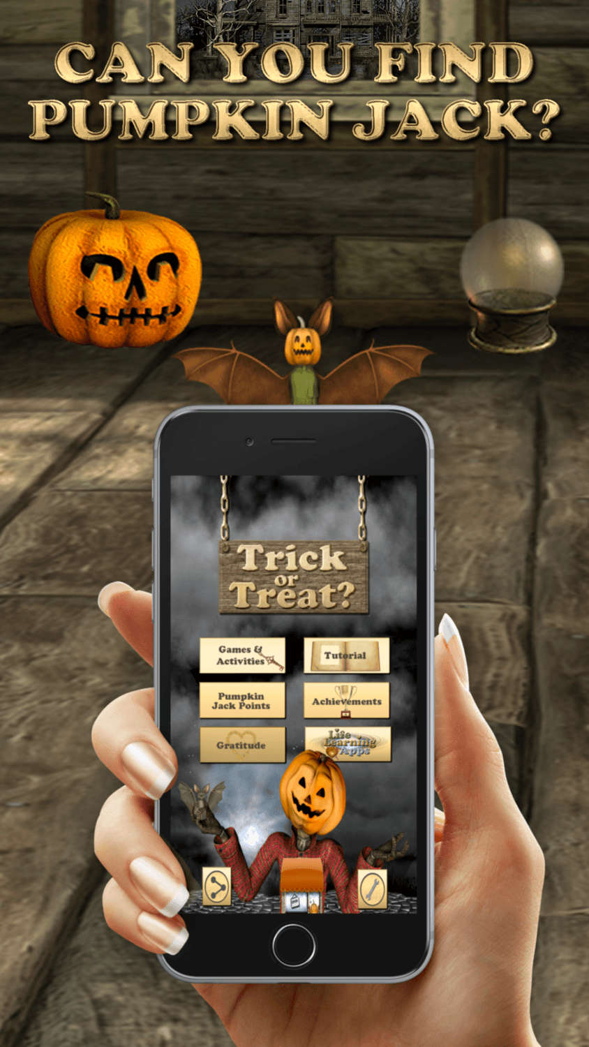 Trick or Treat??? App - Download For FREE: Gameplay showing pumpkin and bat trying to find Pumpkin Jack.
