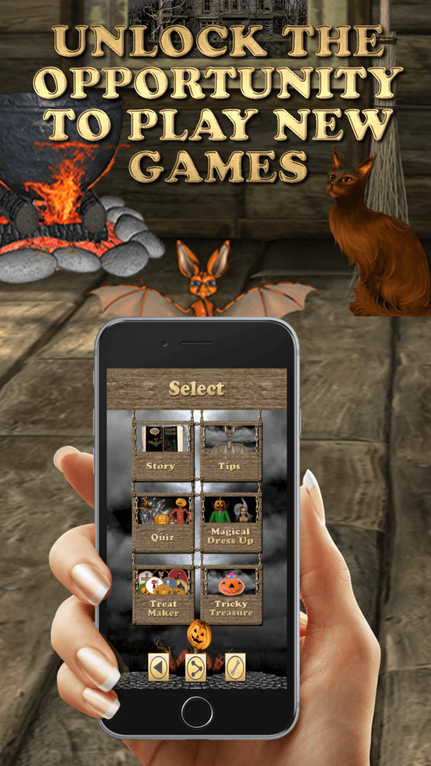 Hand holding phone displaying Trick or Treat??? App - Download For FREE game menu with Halloween theme and bats in the background.