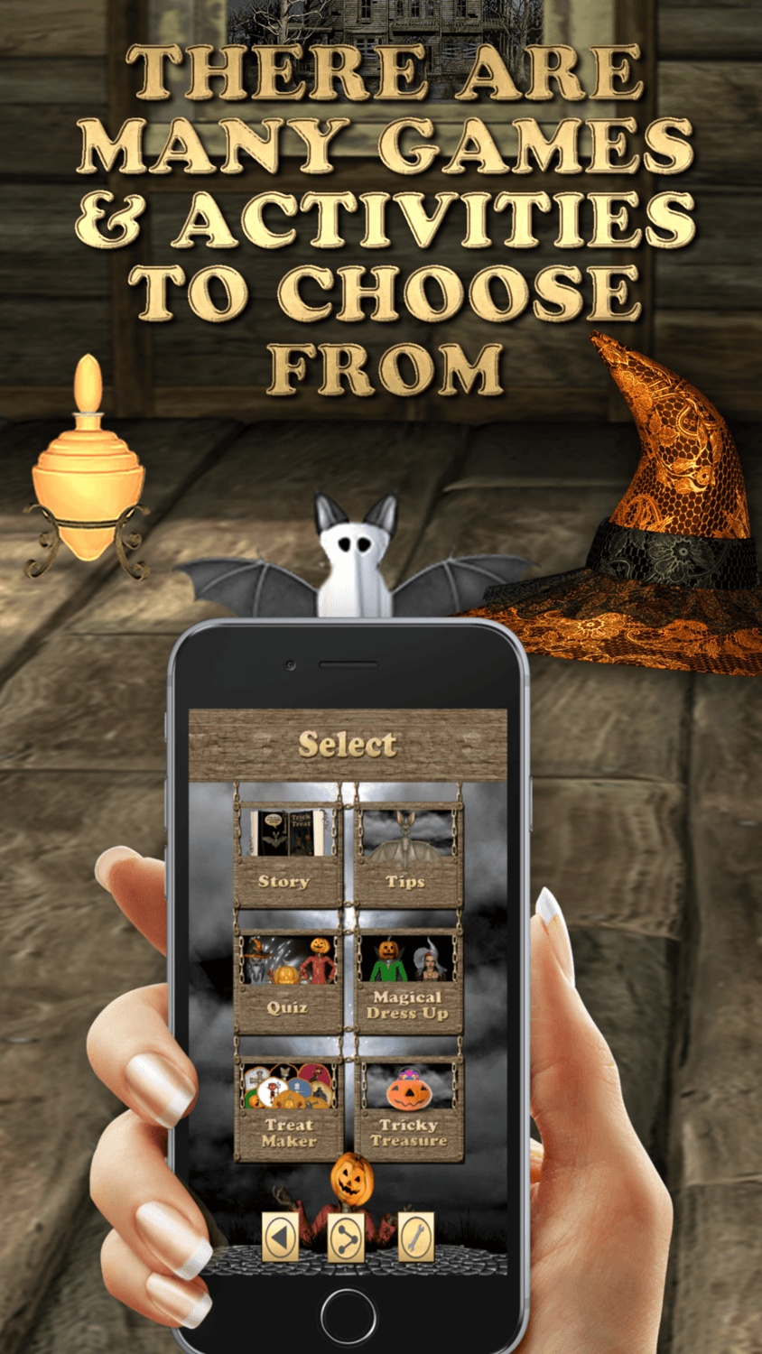 "Trick or Treat??? App - Download For FREE" games and activities screen on mobile with Halloween theme.