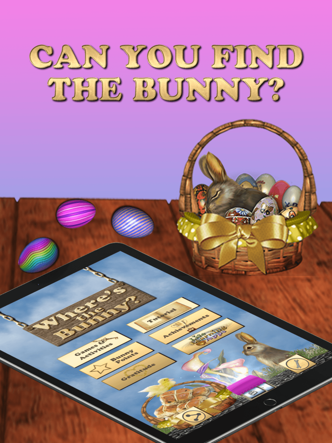 "Where's The Bunny? App - Download For FREE" promo with Easter eggs in a basket and app interface on a tablet.