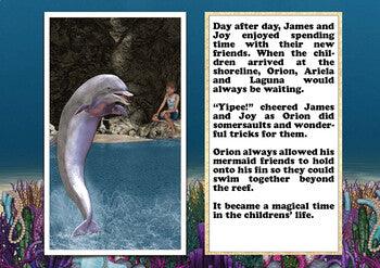 Where's the Dolphin? eBook illustration with children and a playful dolphin by the ocean.