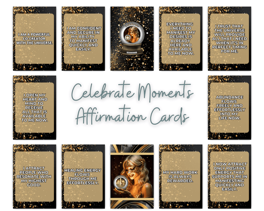 Celebrate Moments Printable Charm Cards featuring positive affirmations and uplifting designs for personal growth and joy.