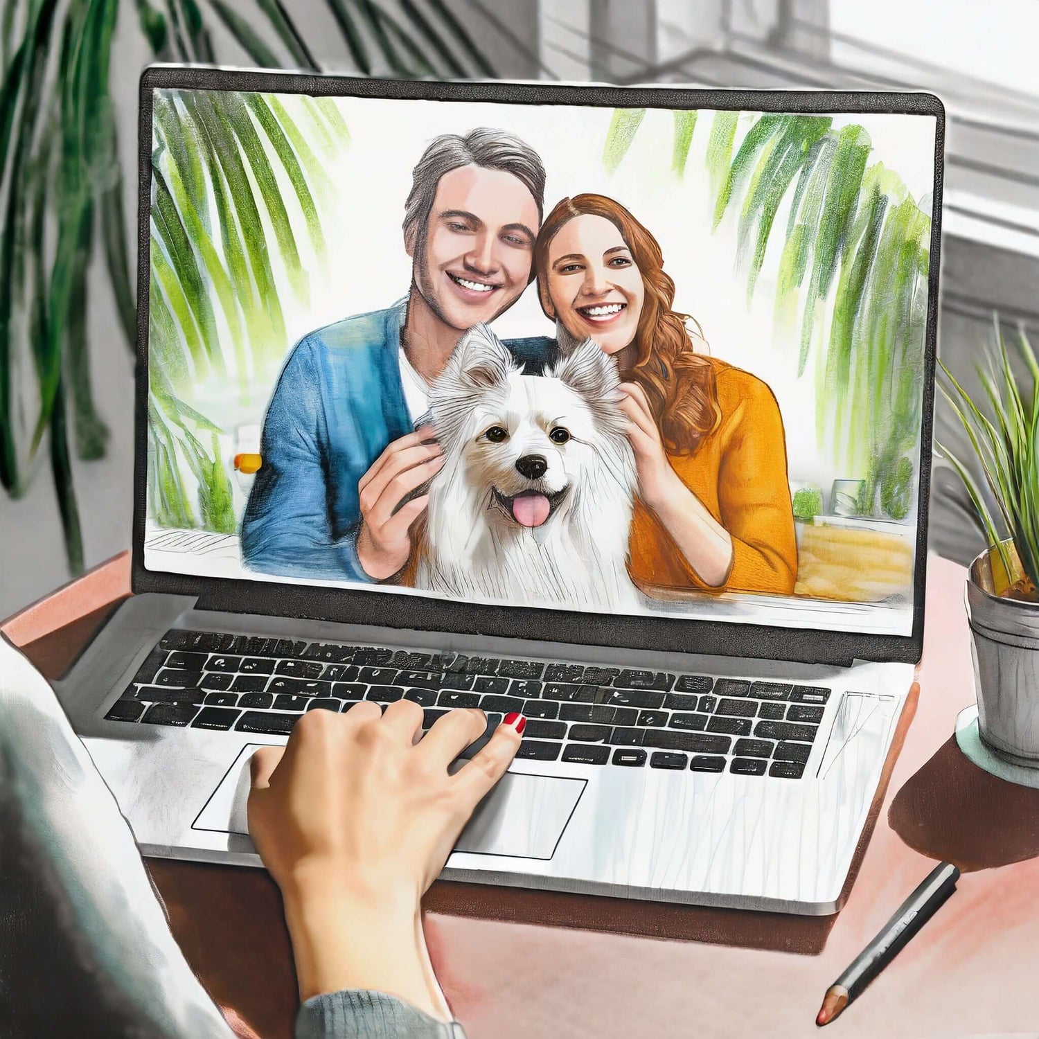 Person viewing a laptop screen displaying a couple and a dog, surrounded by plants, on a wooden desk.