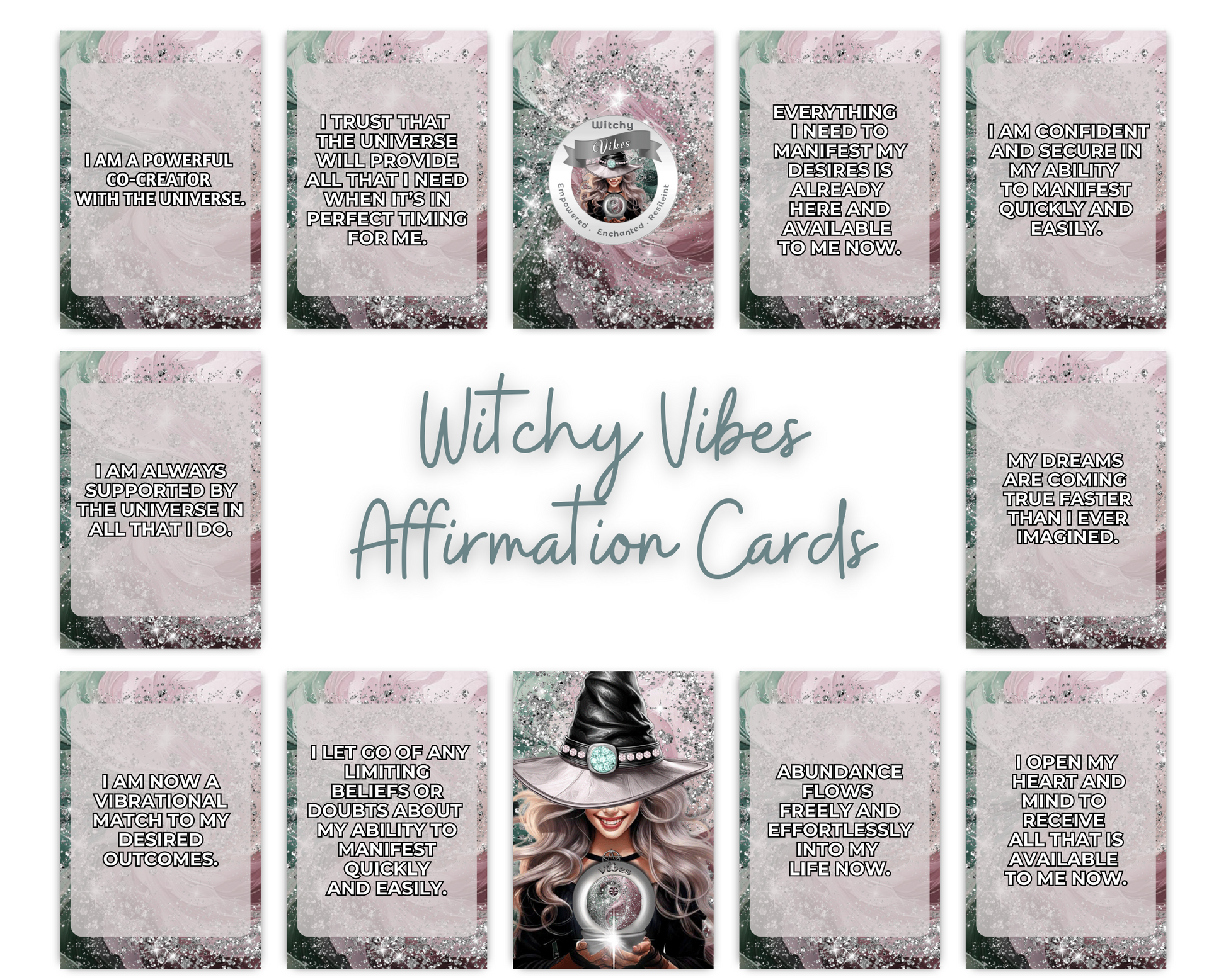 Witchy Vibes Printable Charm Cards - Unleash the magic of the Universe with Witchy Vibes Affirmation Cards! Each card is crafted to infuse your practice with enchanting energies and powerful affirmations. Perfect for invoking strength, transformation, and