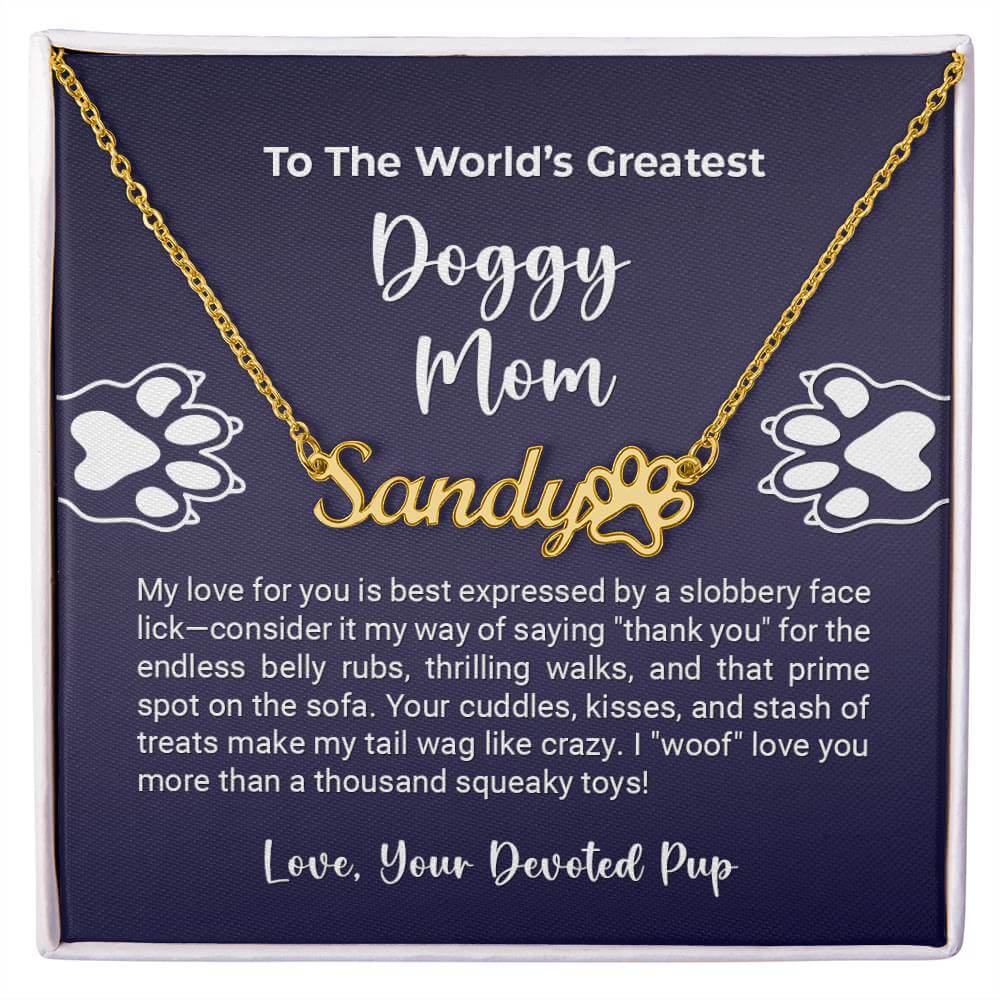 Personalized paw print name necklace gift for dog lovers, "World's Greatest Doggy Mom" by More Than Charms.