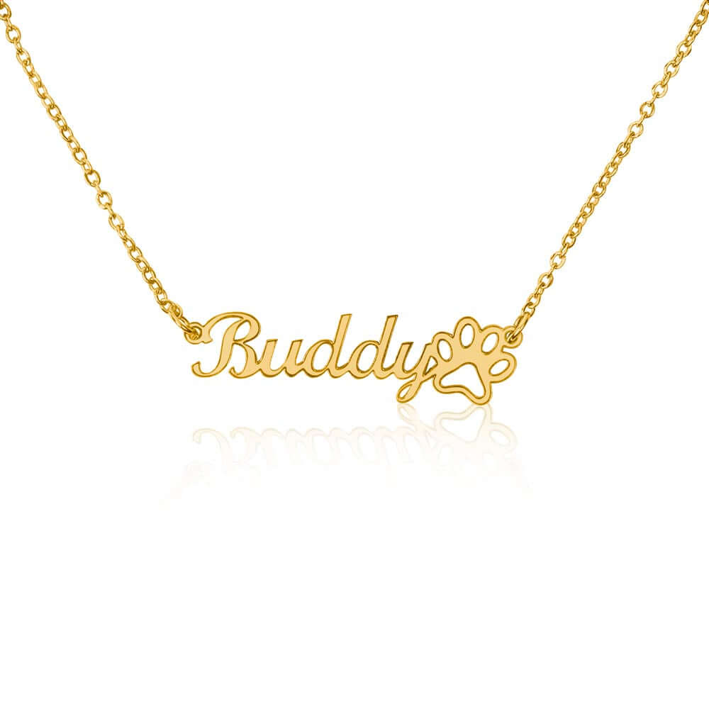 Personalized gold name necklace with paw print design, perfect for pet lovers by More Than Charms.