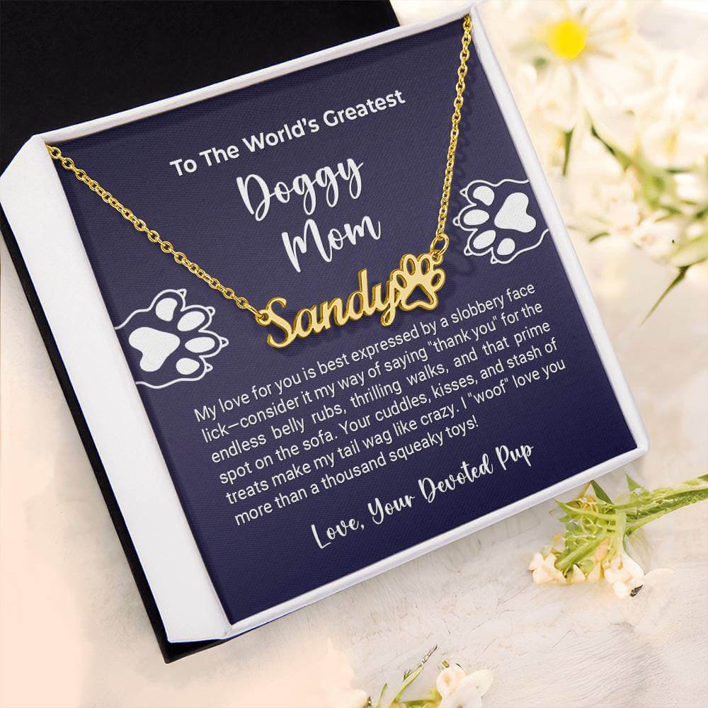 World's Greatest Doggy Mom Name Paw Necklace - More Than Charms - Personalized pet lover gift in chic box with paw print design.