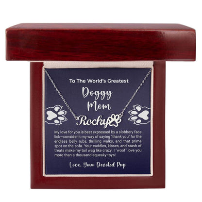 World's Greatest Doggy Mom More Than Charms Name Paw Necklace in gift box with personalized message and paw print design