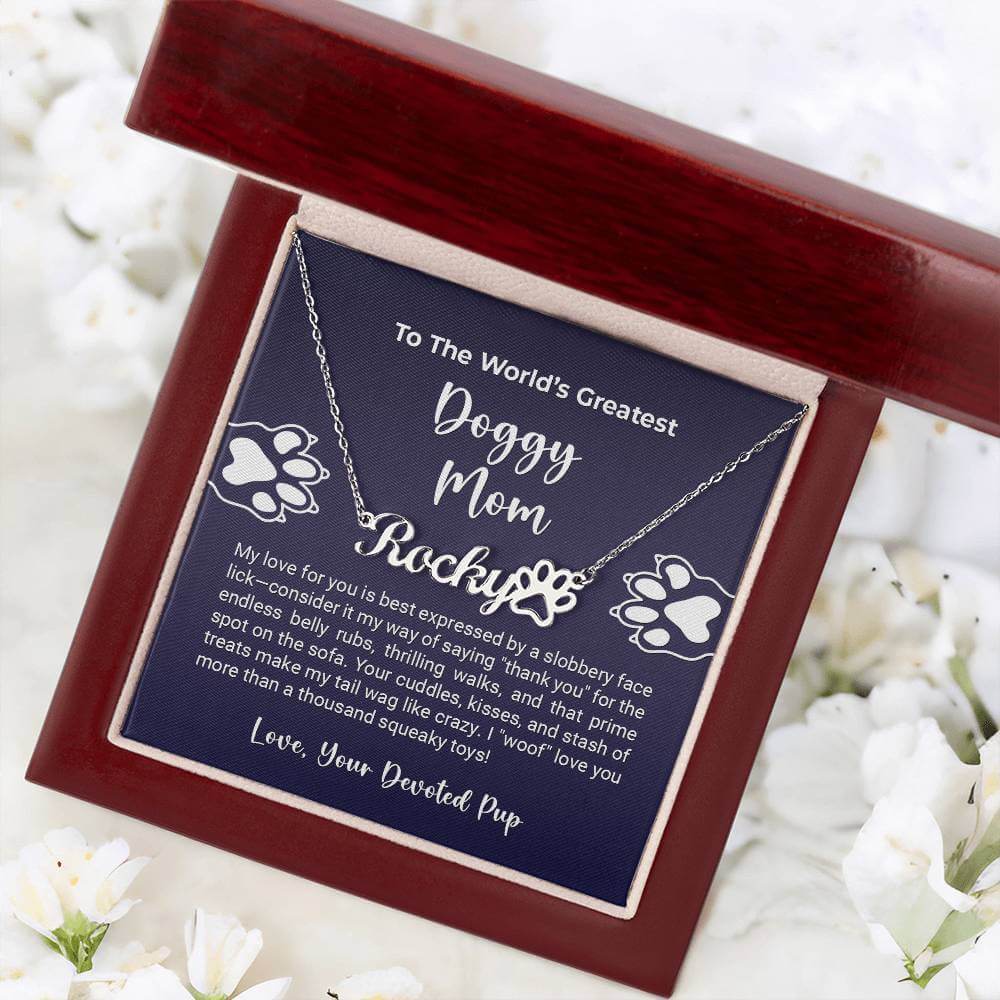 Personalized More Than Charms Name Necklace with paw print design in gift box, perfect keepsake for doggy mom.
