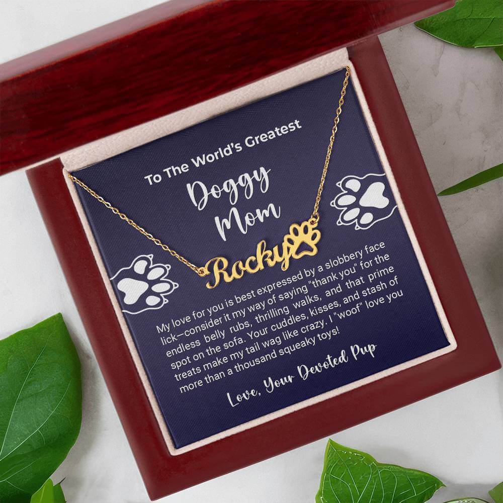 Personalized paw print name necklace gift for world's greatest doggy mom by More Than Charms in elegant display box.