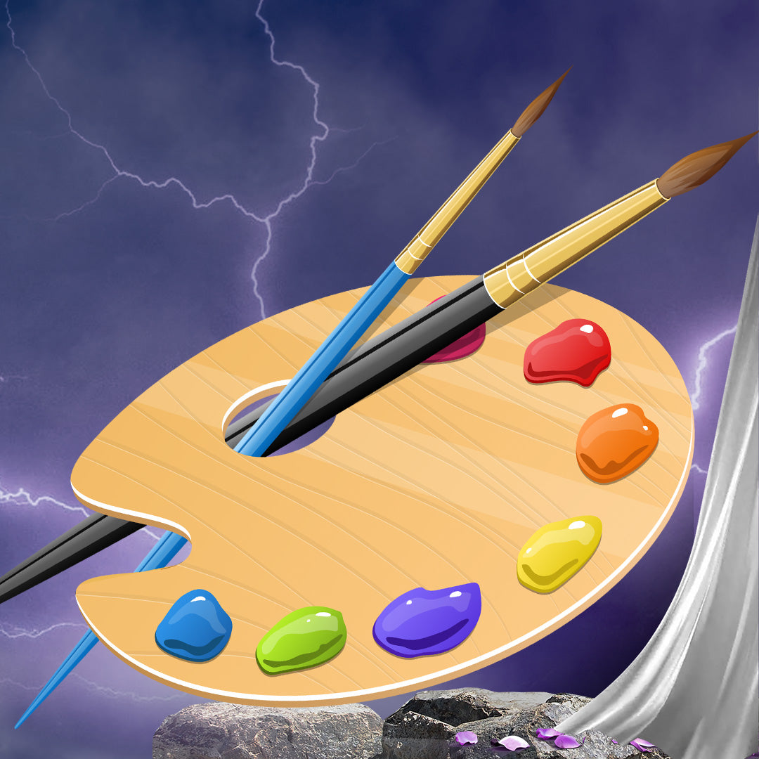 Artist's palette with colorful paints and brushes against a dramatic stormy sky background, symbolizing creativity and art.