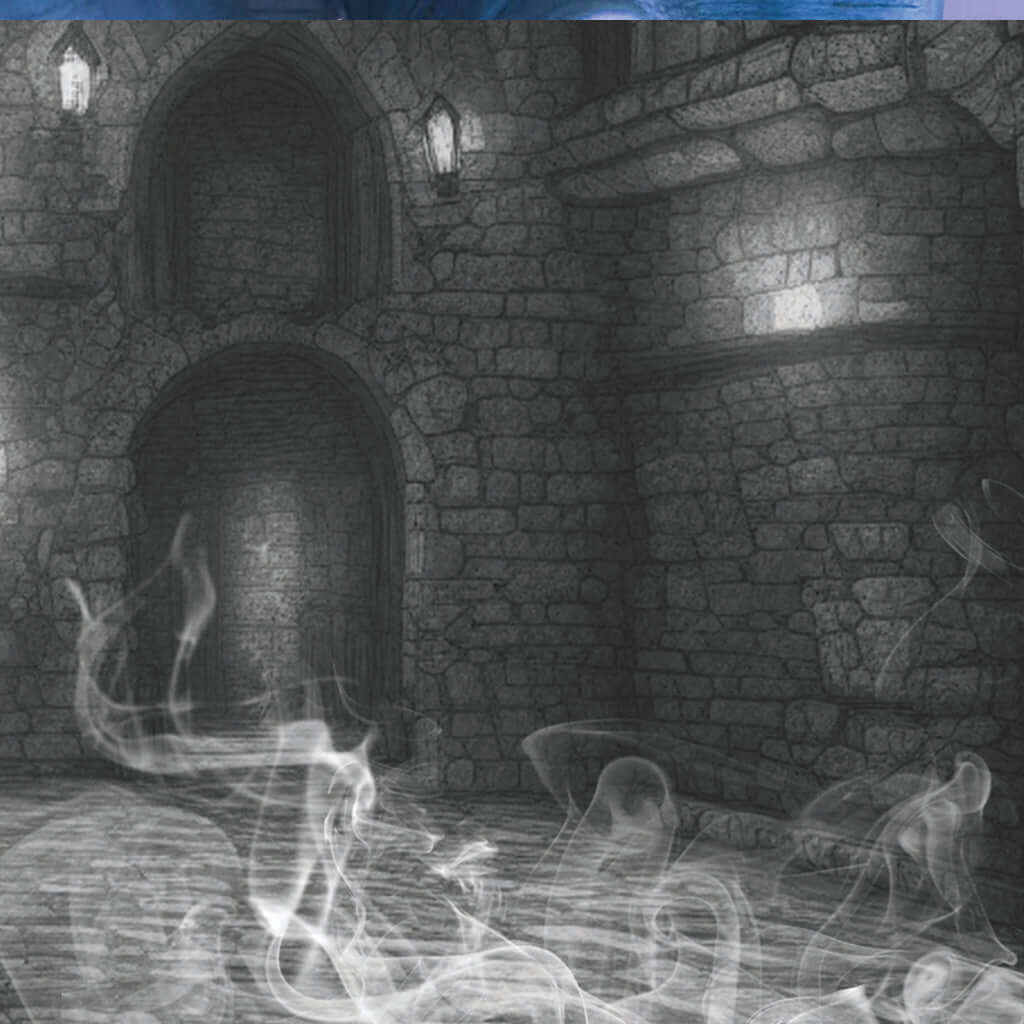 Mysterious stone corridor with arches and mist, creating an atmospheric and eerie scene.