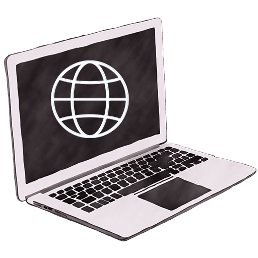 Illustration of a laptop with a globe symbol on the screen, representing internet connectivity and global communication.