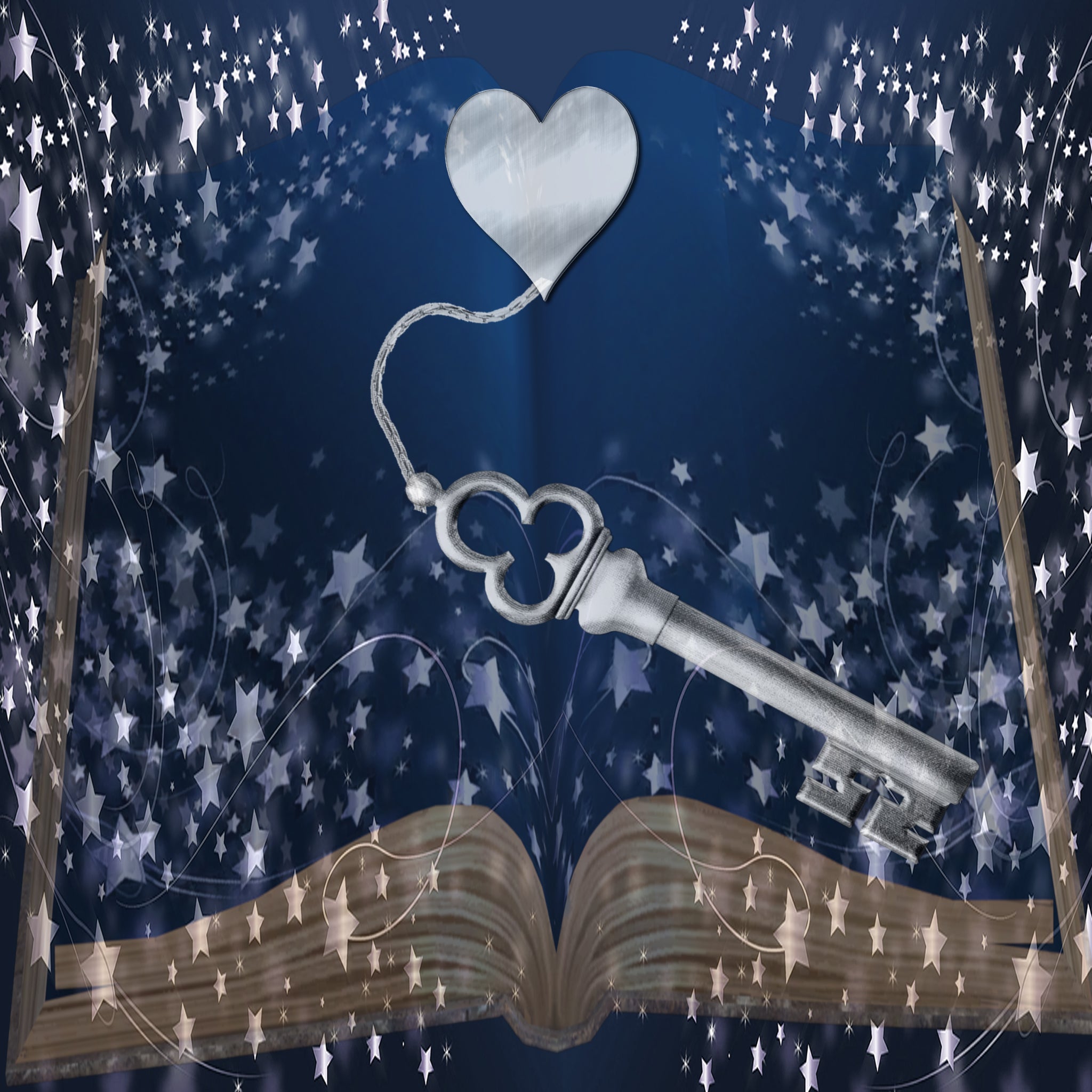 Silver key with heart-shaped top floating above an open book surrounded by stars on a dark blue background.