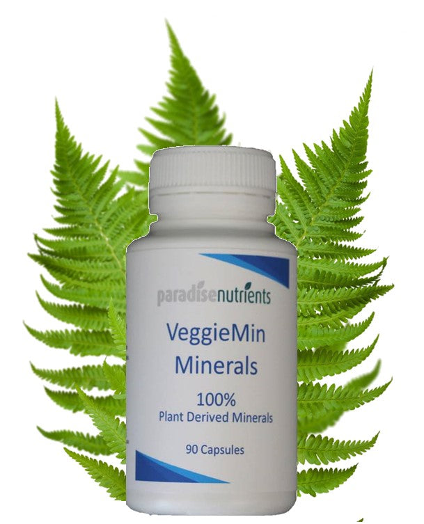 Bottle of VeggieMin Minerals 90 capsules in front of green fern leaves, highlighting 100% plant-derived minerals by Paradise Nutrients.
