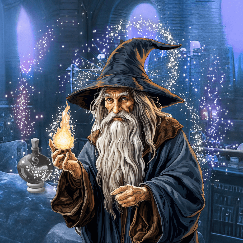 Wizard in dark hat casting magical spell with glowing orb and sparkles inside mystical library