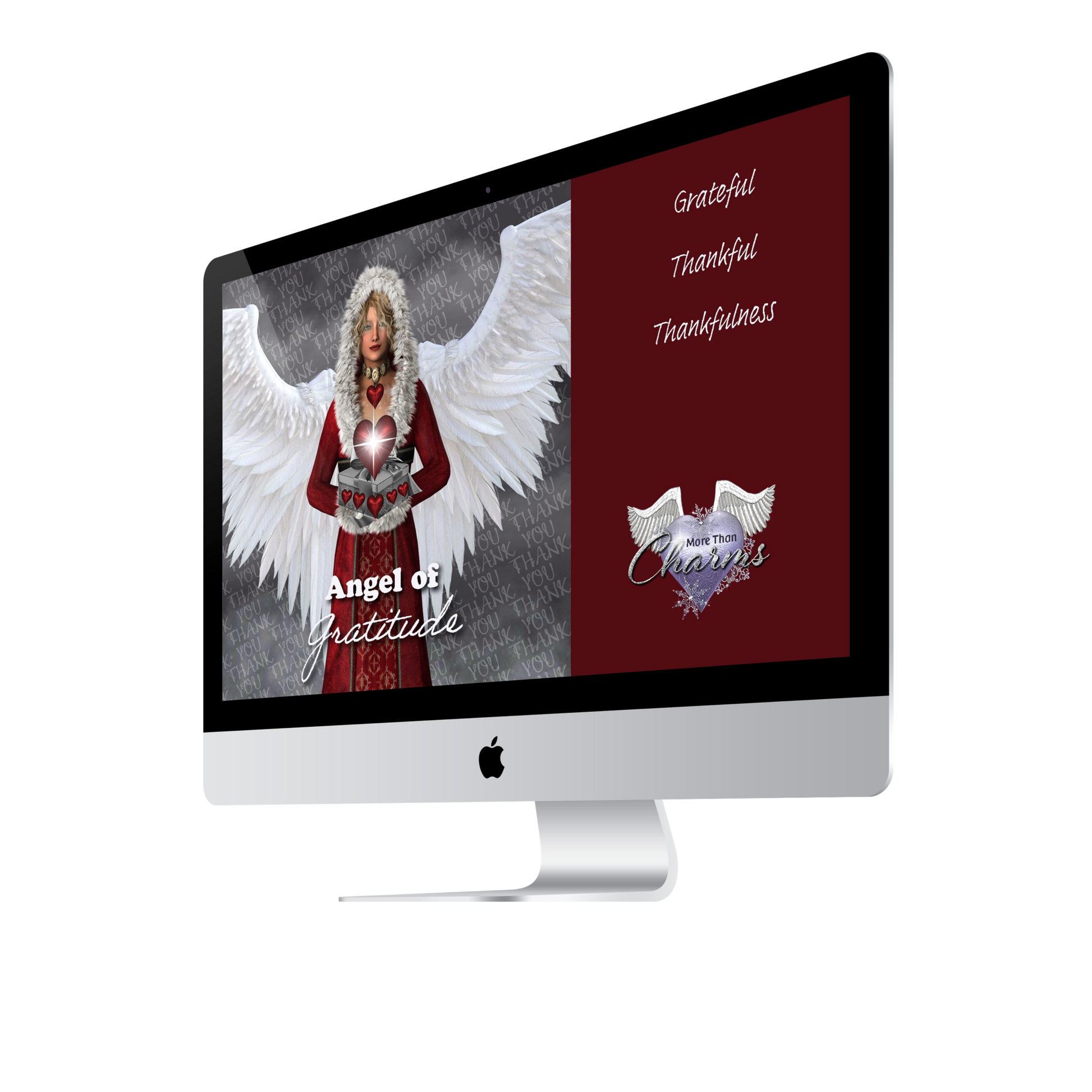 Image of Angel of Gratitude Wall Papers and Digital Cards (FREE) displaying angel with wings on desktop screen.