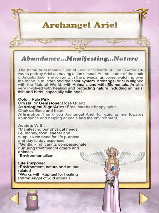Archangel Ariel description card with focus on abundance, manifesting, and nature. Related to My Manifesting Jar App - Download For FREE.