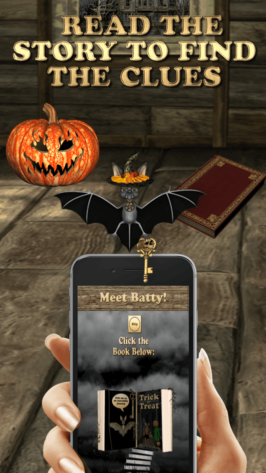 Trick or Treat??? App - Download For FREE, featuring a vampire bat, a glowing pumpkin, and a smartphone reading story clues for Halloween.