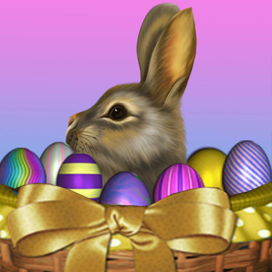Where's The Bunny? App - Download For FREE: Easter bunny peeking over colorful eggs in a basket. Discover fun games and stories in the app.