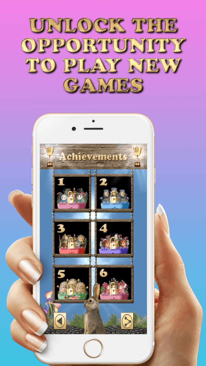 Where's The Bunny? App - Download For FREE, interactive game achievements screen displayed on mobile with bunny theme.