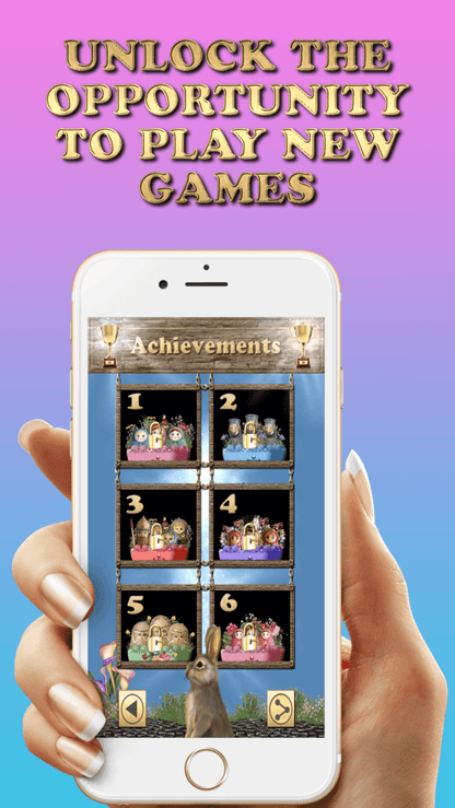 Where's The Bunny? App - Download For FREE, interactive game achievements screen displayed on mobile with bunny theme.