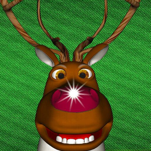 Where's The Reindeer? App - Download For FREE featuring Rudolf with a shining red nose on a green background, perfect for Christmas adventure.