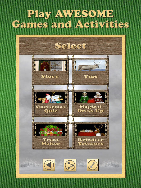 Screenshot of Where's The Reindeer? App - Download For FREE, featuring game options like Story, Tips, Christmas Quiz, and Reindeer Treasure.