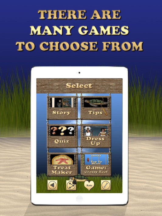 Tablet showing "Where’s The Turtle App" with various game options like Story, Tips, and Quiz against a sandy background.