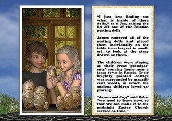 Children exploring Russian nesting dolls in ‘Where's the Bunny? An Easter Adventure Story (eBook)’ page illustration with text excerpt.