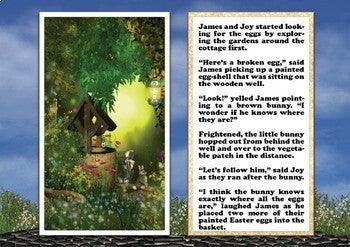 Where's the Bunny? An Easter Adventure Story (eBook) page with text about James and Joy finding eggs and bunnies in the forest.